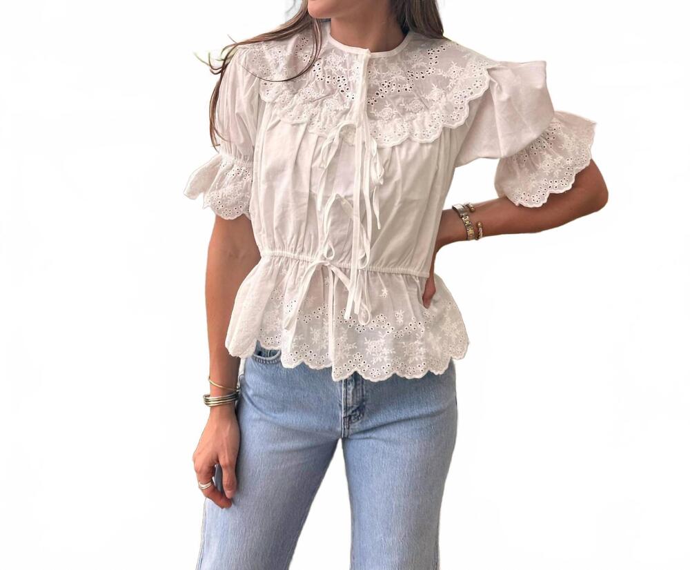NEW TCEC eyelet lace detail cinched elastic waist top in white